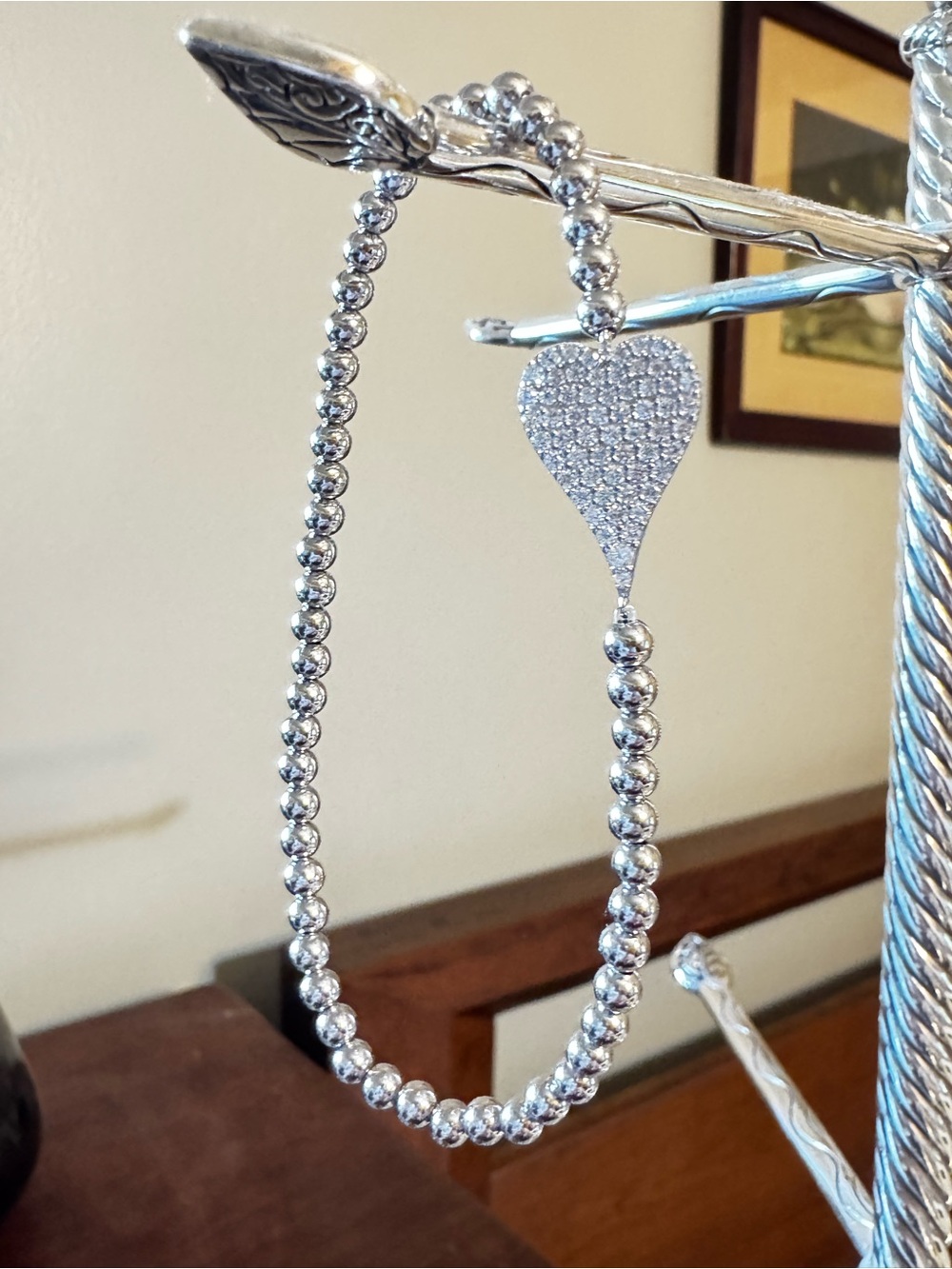 Silver Pave Heart Bead Bracelet - Women